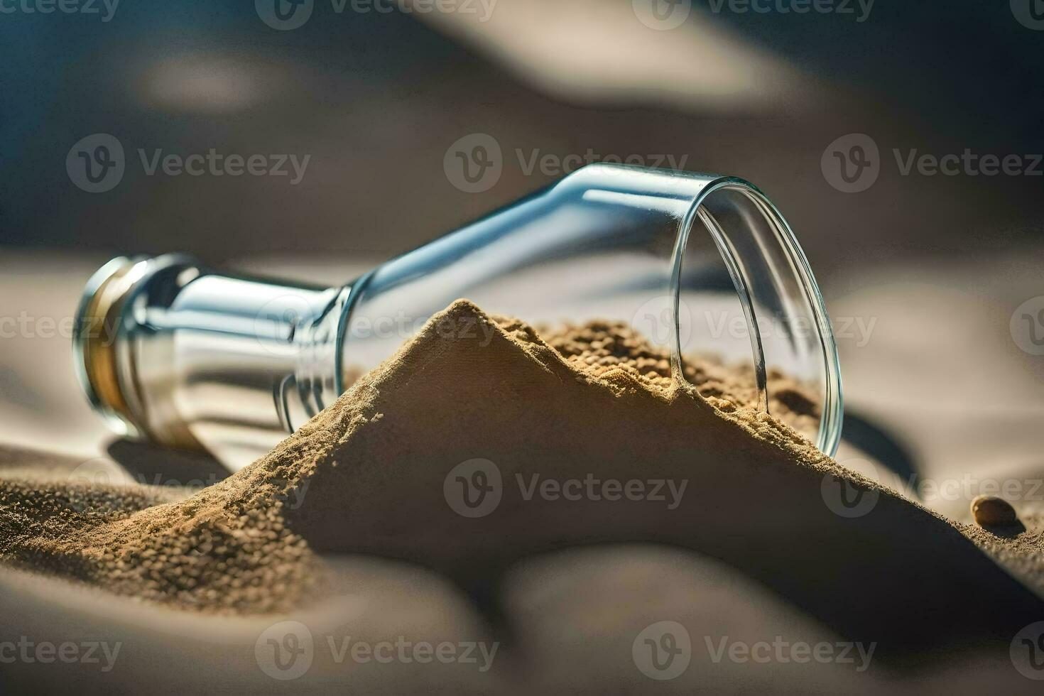 a glass bottle with sand on top of it. AI-Generated photo