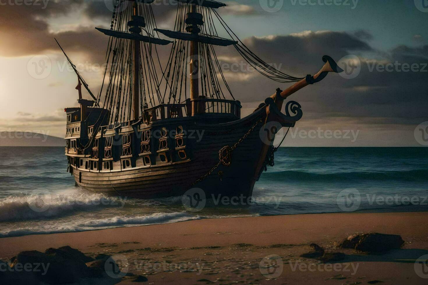 a pirate ship on the beach at sunset. AI-Generated photo