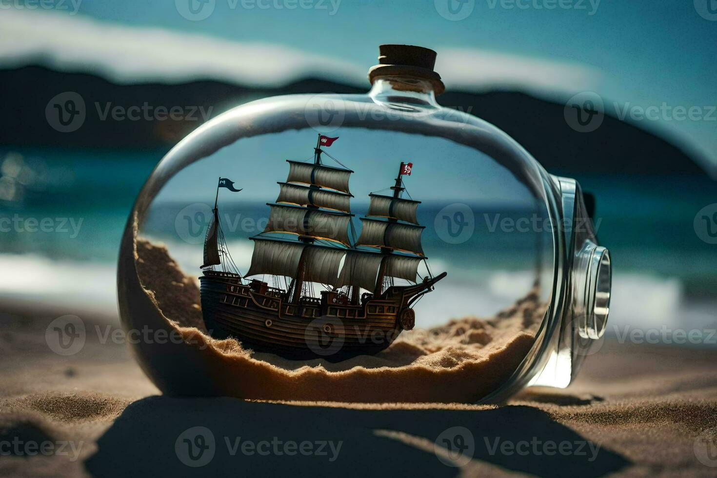 a ship in a bottle on the beach. AI-Generated photo