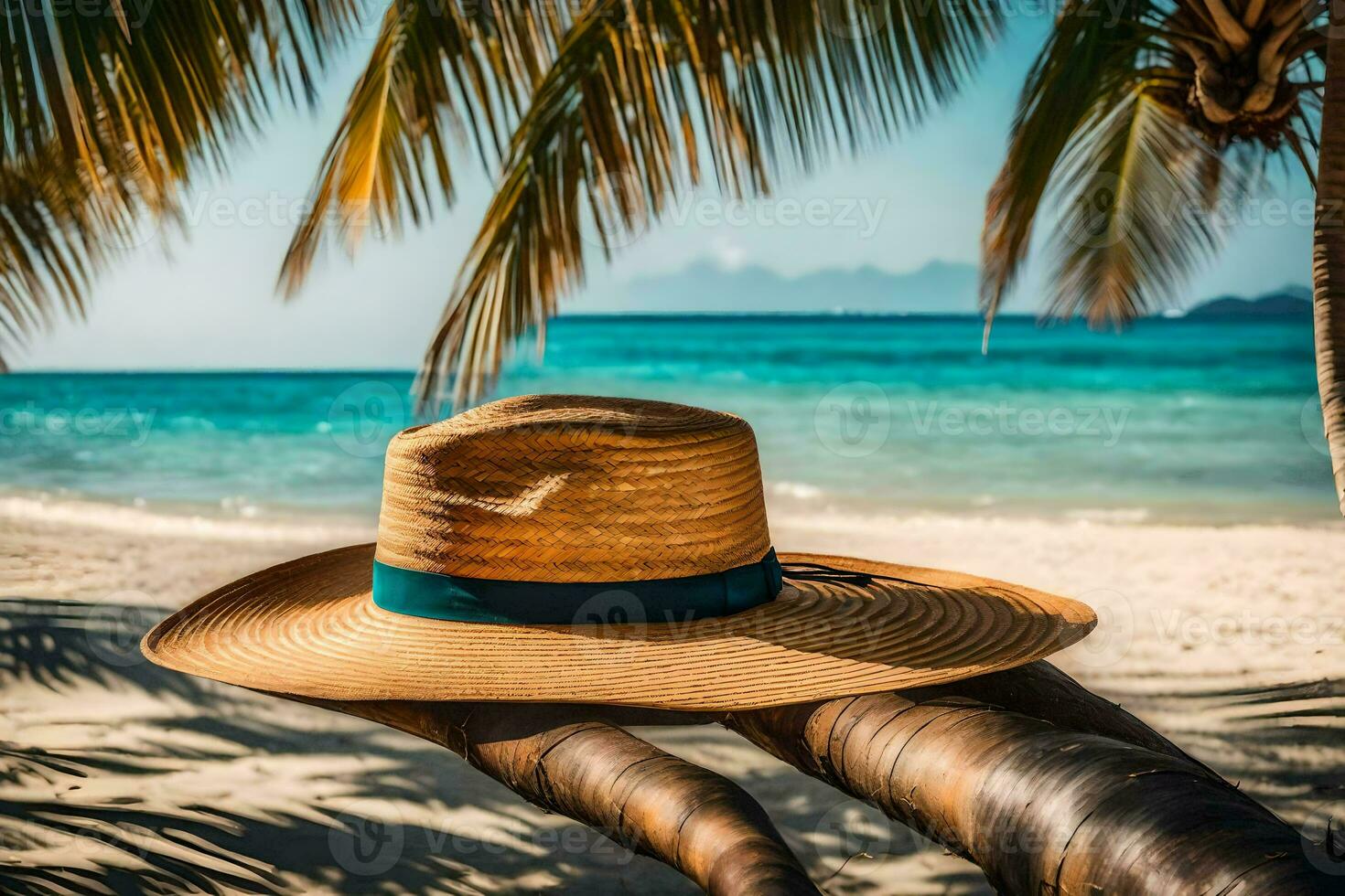a hat on a palm tree on the beach. AI-Generated photo