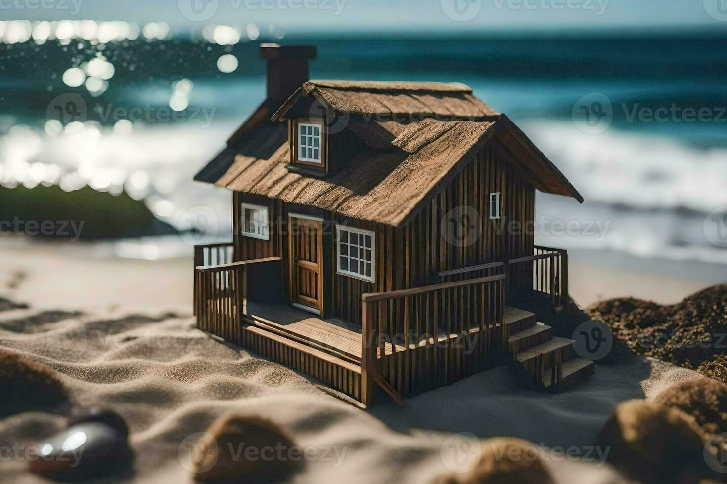 a miniature wooden house on the beach. AI-Generated photo