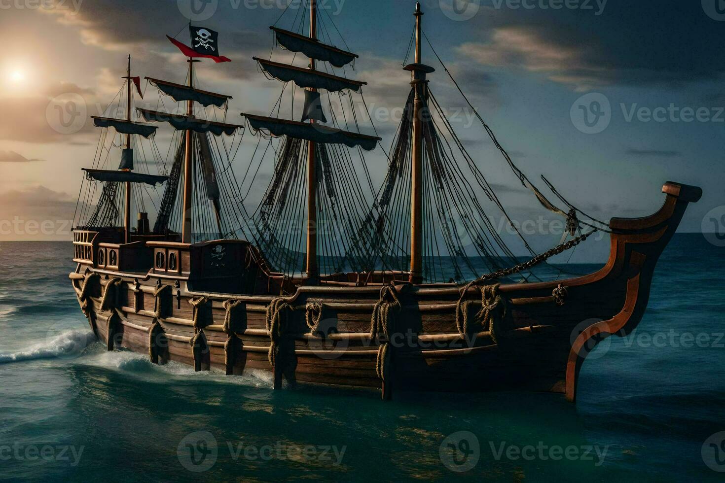 a pirate ship in the ocean at sunset. AI-Generated photo