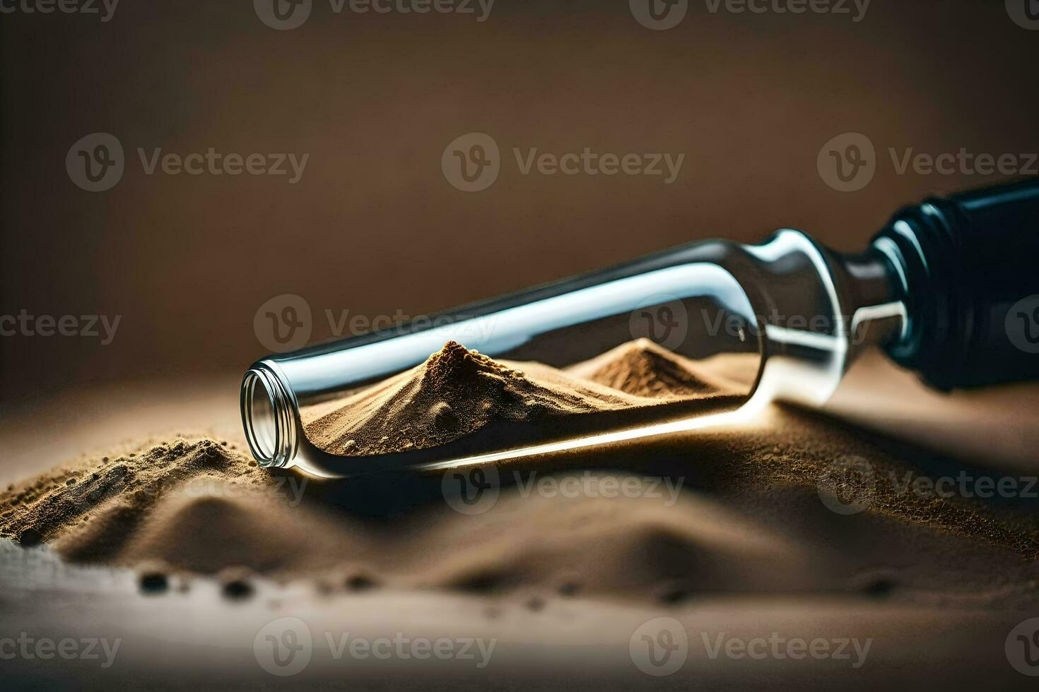 a bottle filled with sand and a mountain. AI-Generated photo