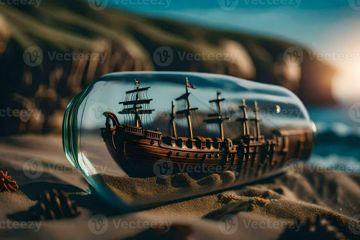 photo wallpaper sea, sand, ship, sand, ship, ship in a bottle, ship in. AI-Generated
