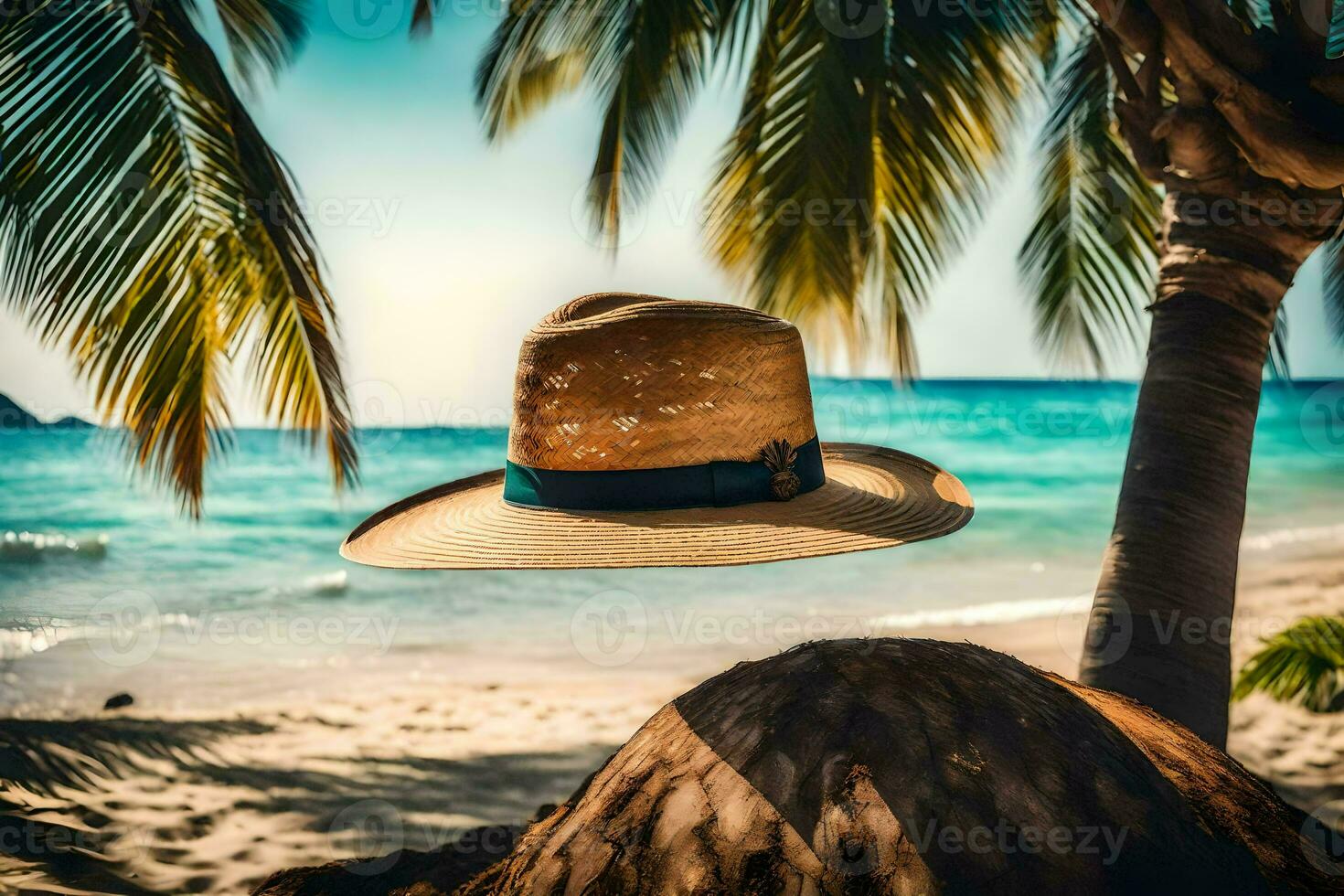 a hat on a palm tree on a beach. AI-Generated photo