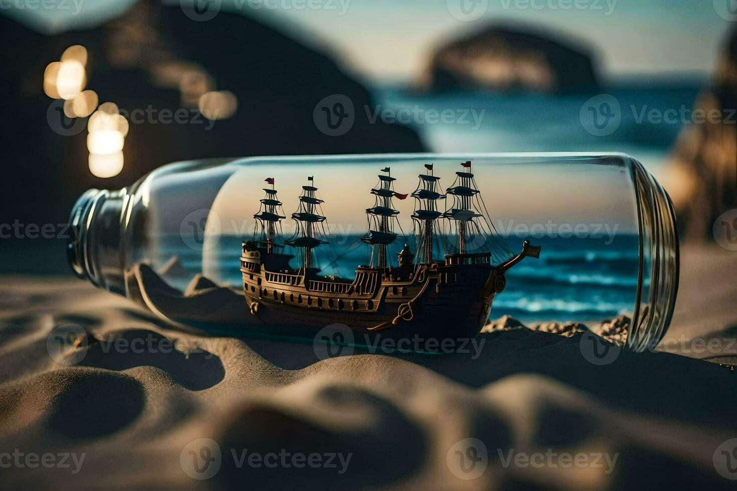 a ship in a bottle on the beach. AI-Generated photo