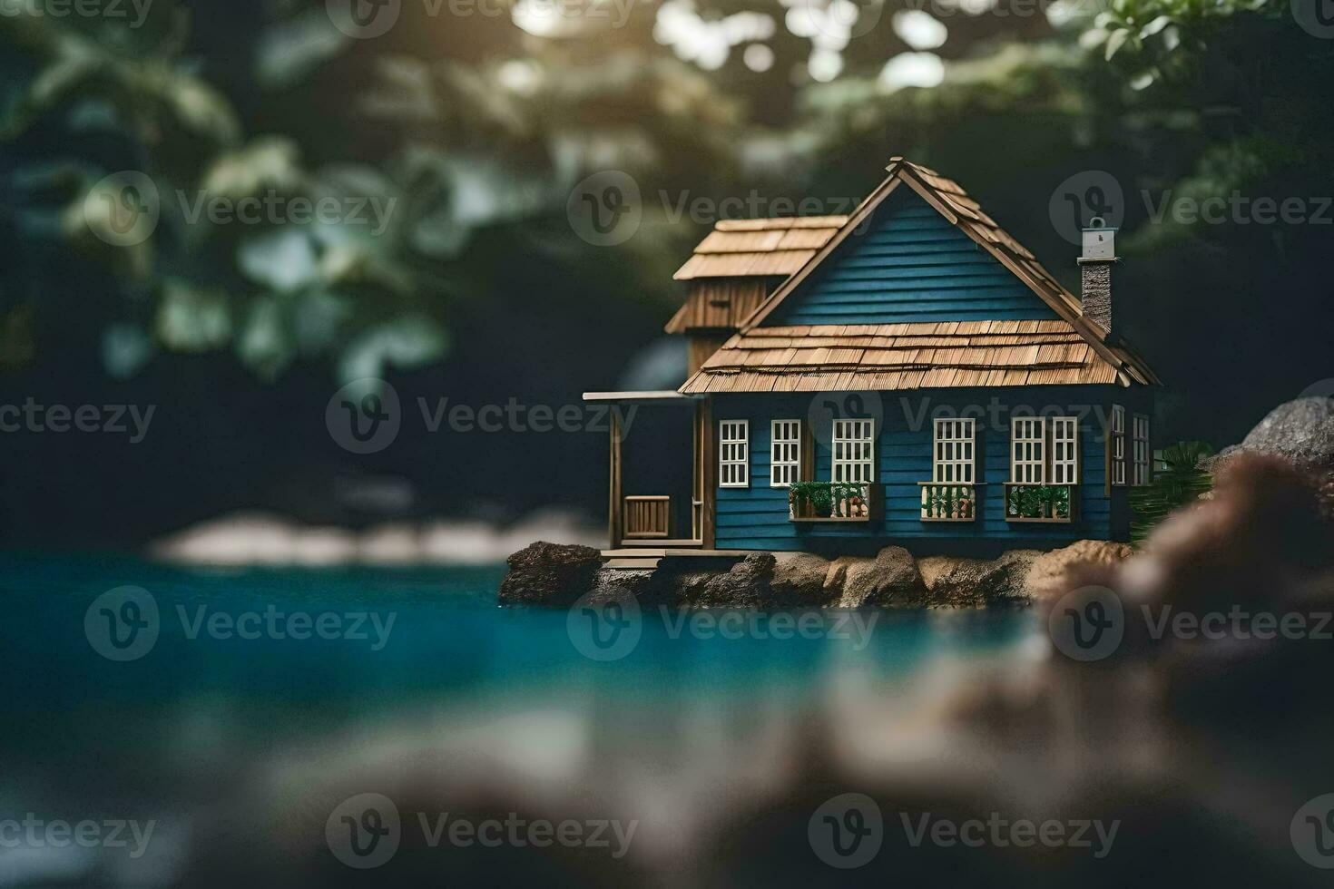 a miniature house on a small island by the water. AI-Generated photo