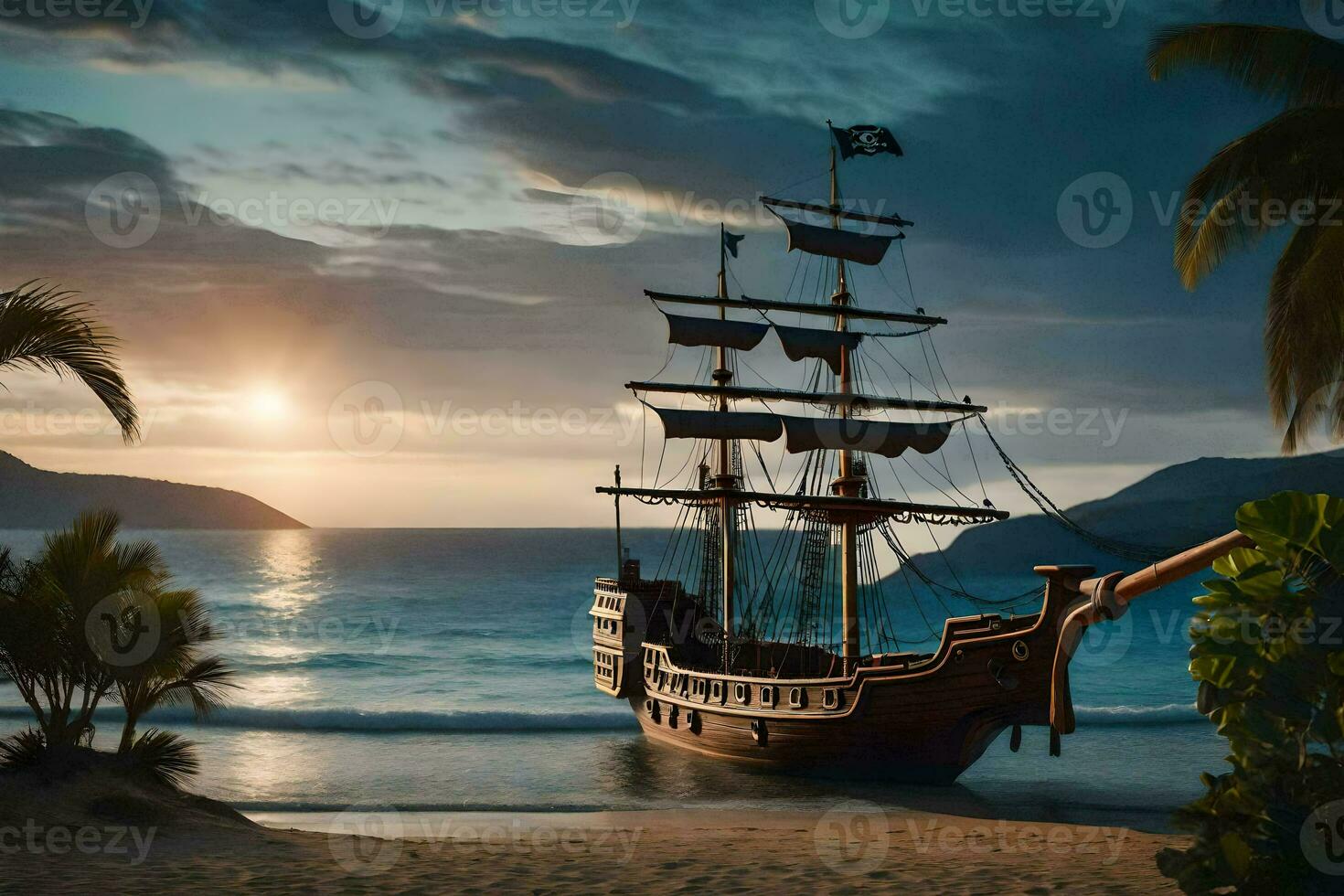 a pirate ship on the beach at sunset. AI-Generated photo