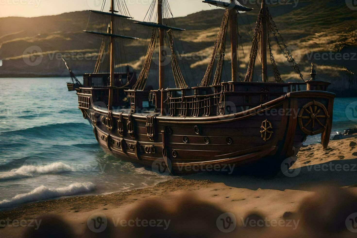 a pirate ship is on the beach near the ocean. AI-Generated photo