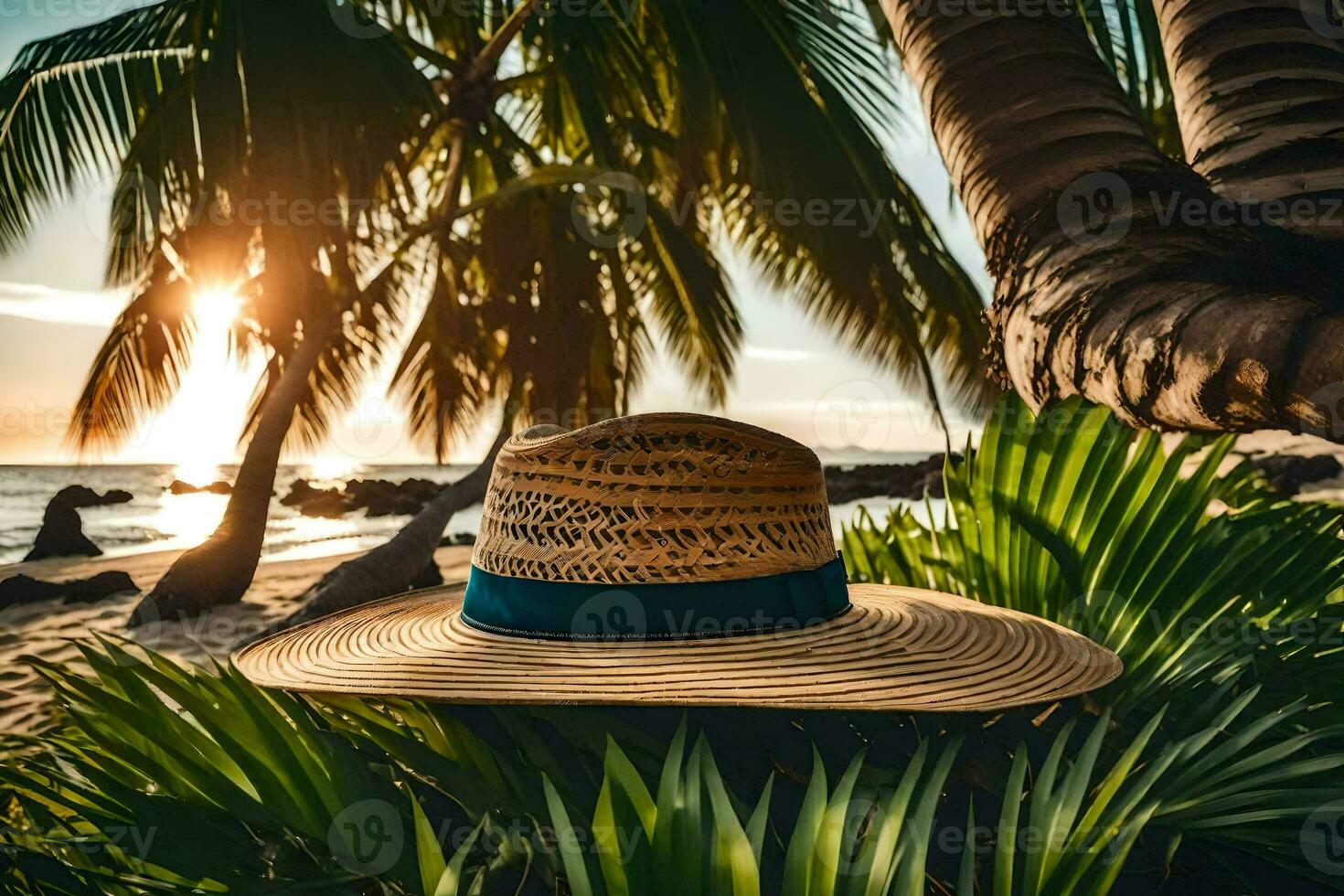 un Paja sombrero en el playa. generado por ai foto