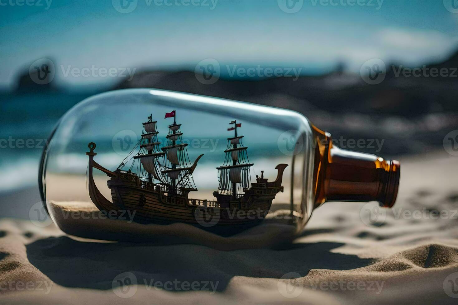 a ship in a bottle on the beach. AI-Generated photo