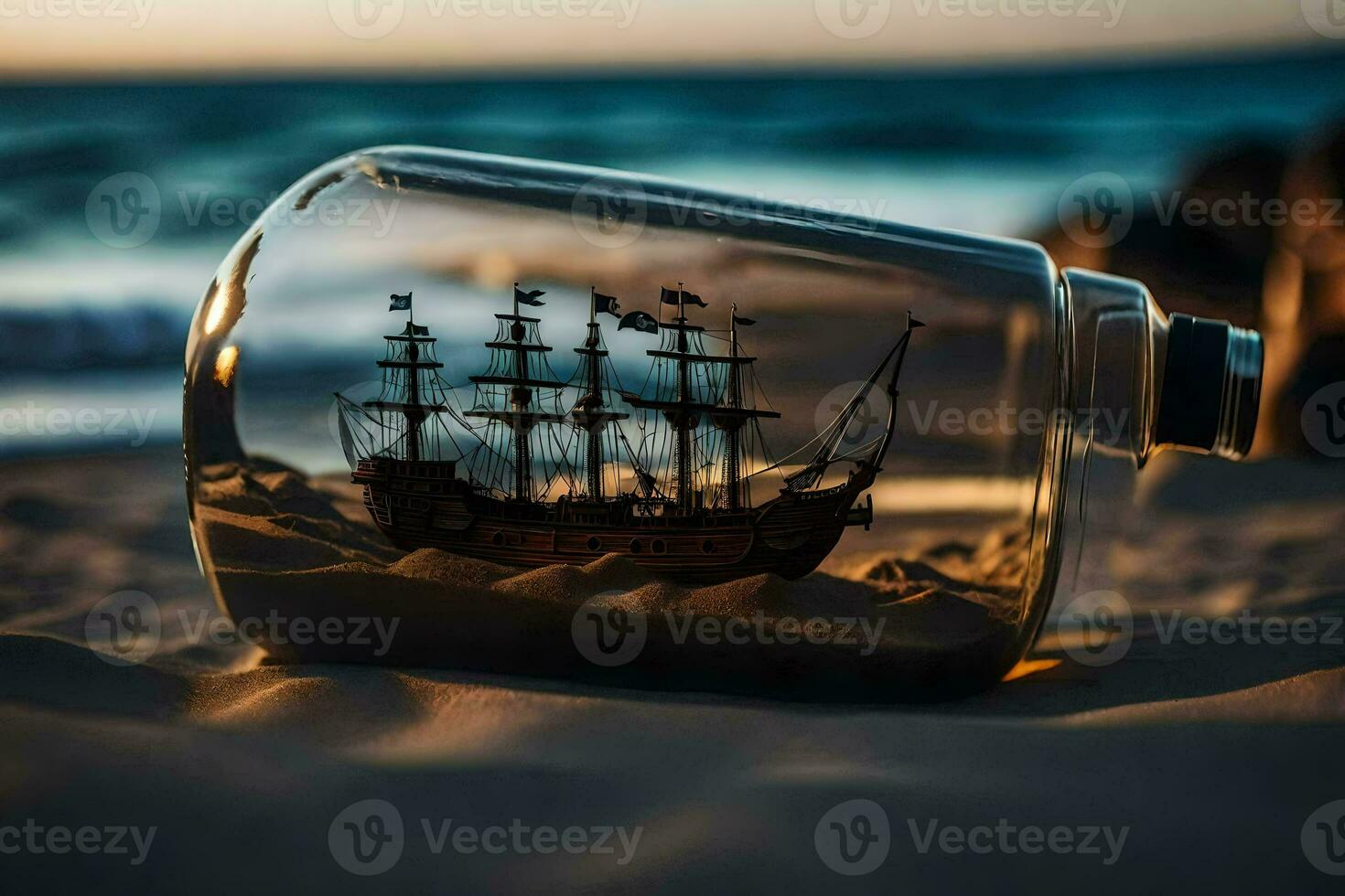 a ship in a bottle on the beach. AI-Generated photo