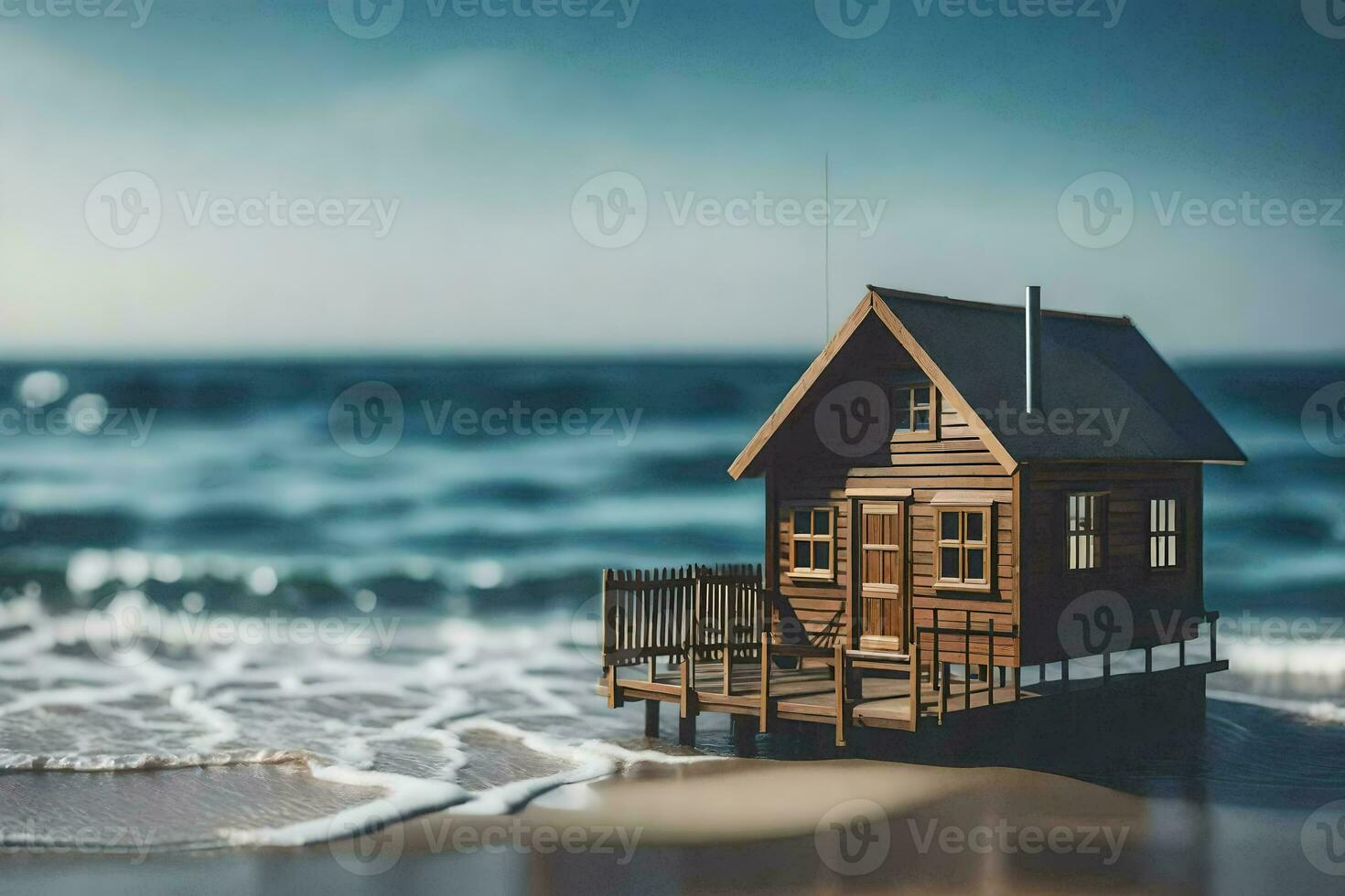 a miniature house on the beach with waves. AI-Generated photo