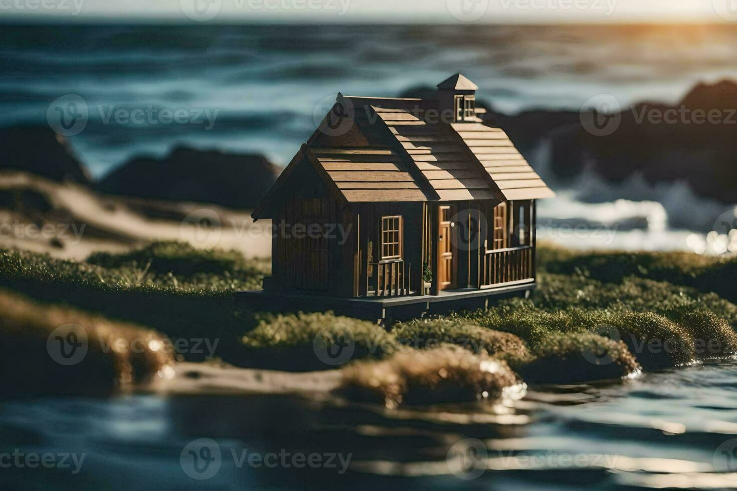 a miniature house sits on the shore of the ocean. AI-Generated photo