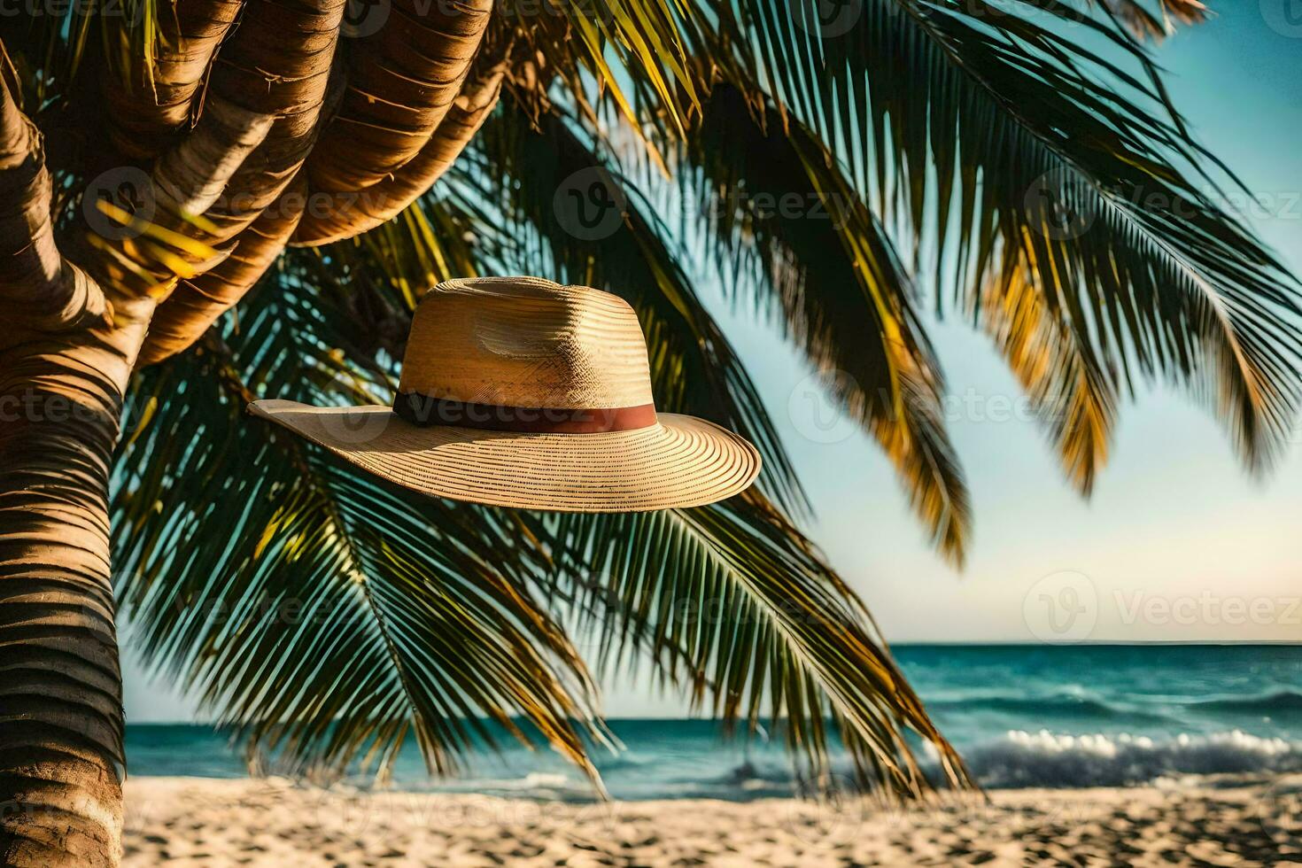 hat on palm tree. AI-Generated photo