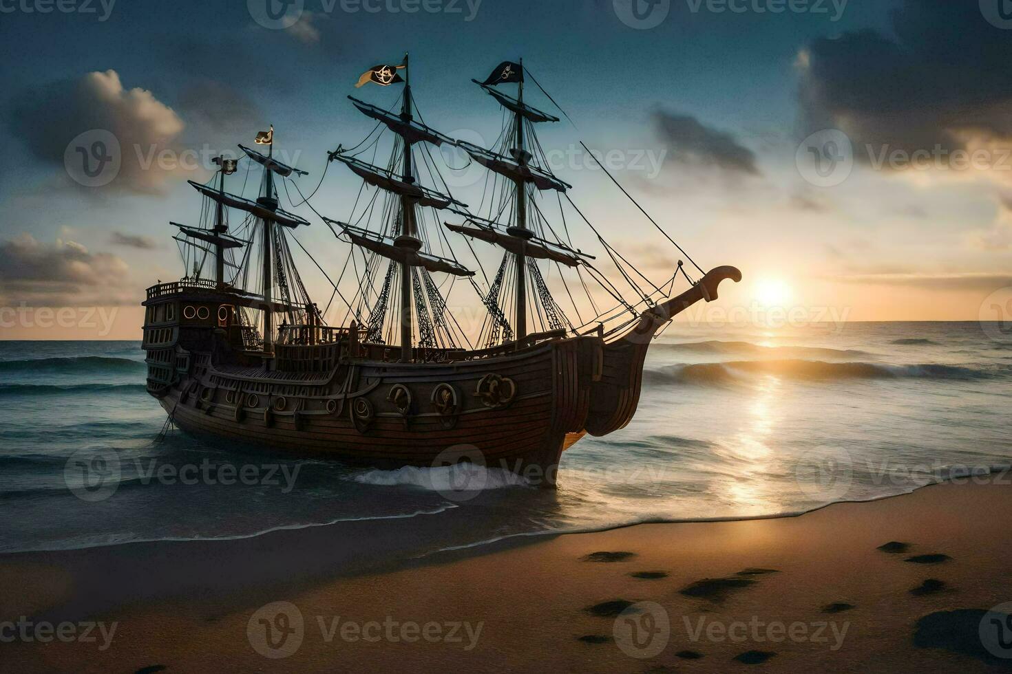 a pirate ship on the beach at sunset. AI-Generated photo