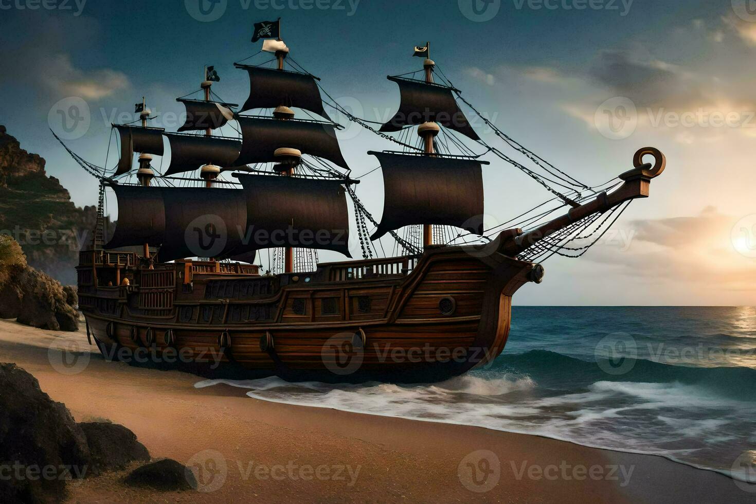 a pirate ship on the beach at sunset. AI-Generated photo