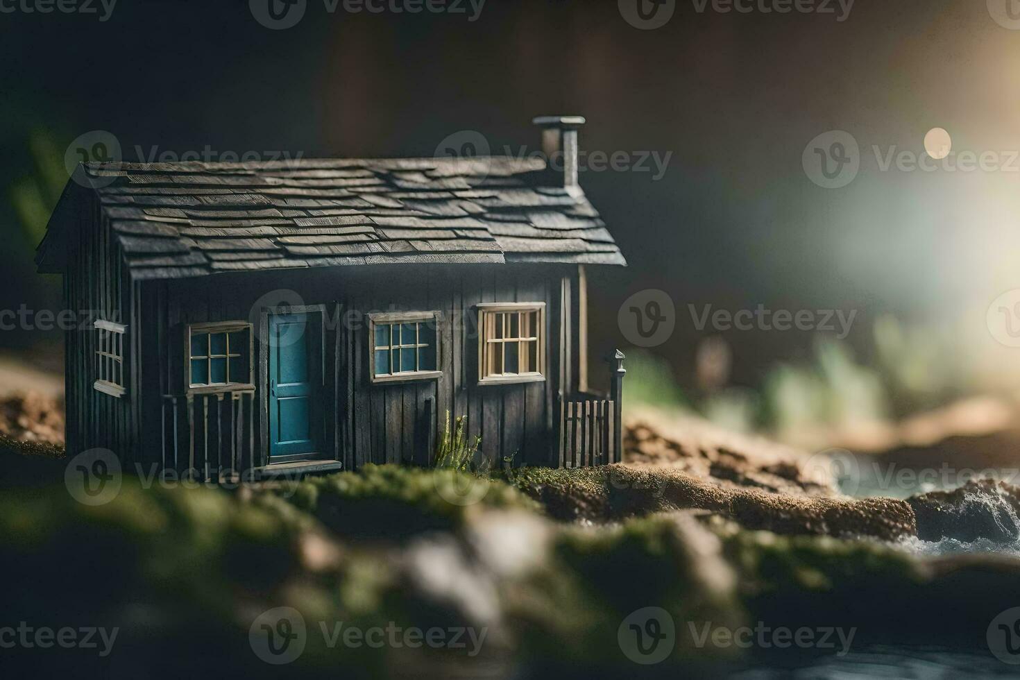 un miniatura casa en un pequeño isla. generado por ai foto