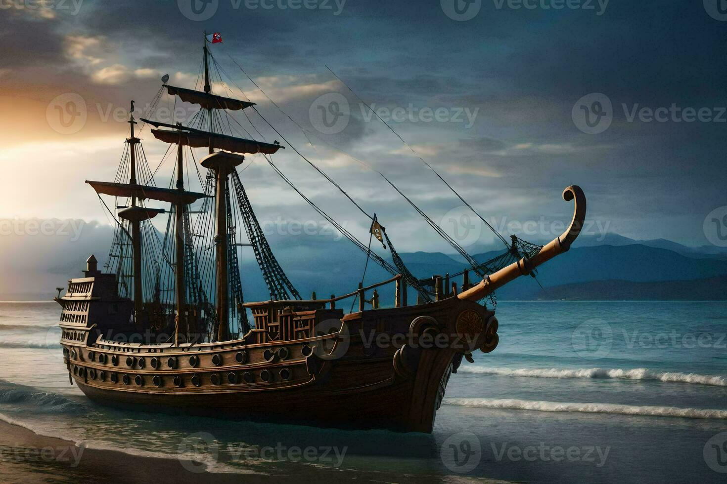 a pirate ship on the beach at sunset. AI-Generated photo