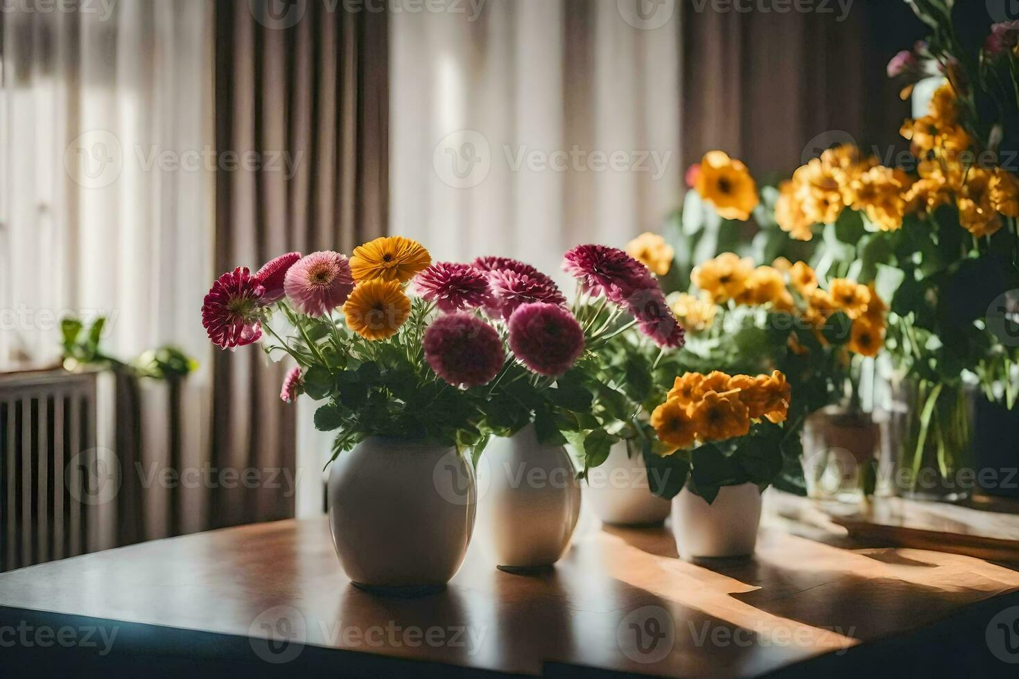 flowers in vases on a table. AI-Generated photo