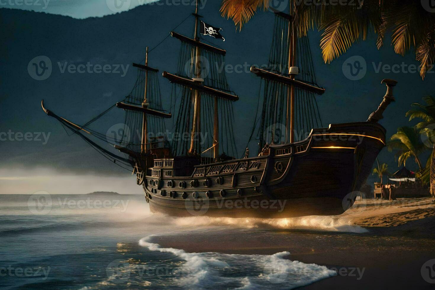 a pirate ship on the beach with palm trees. AI-Generated photo