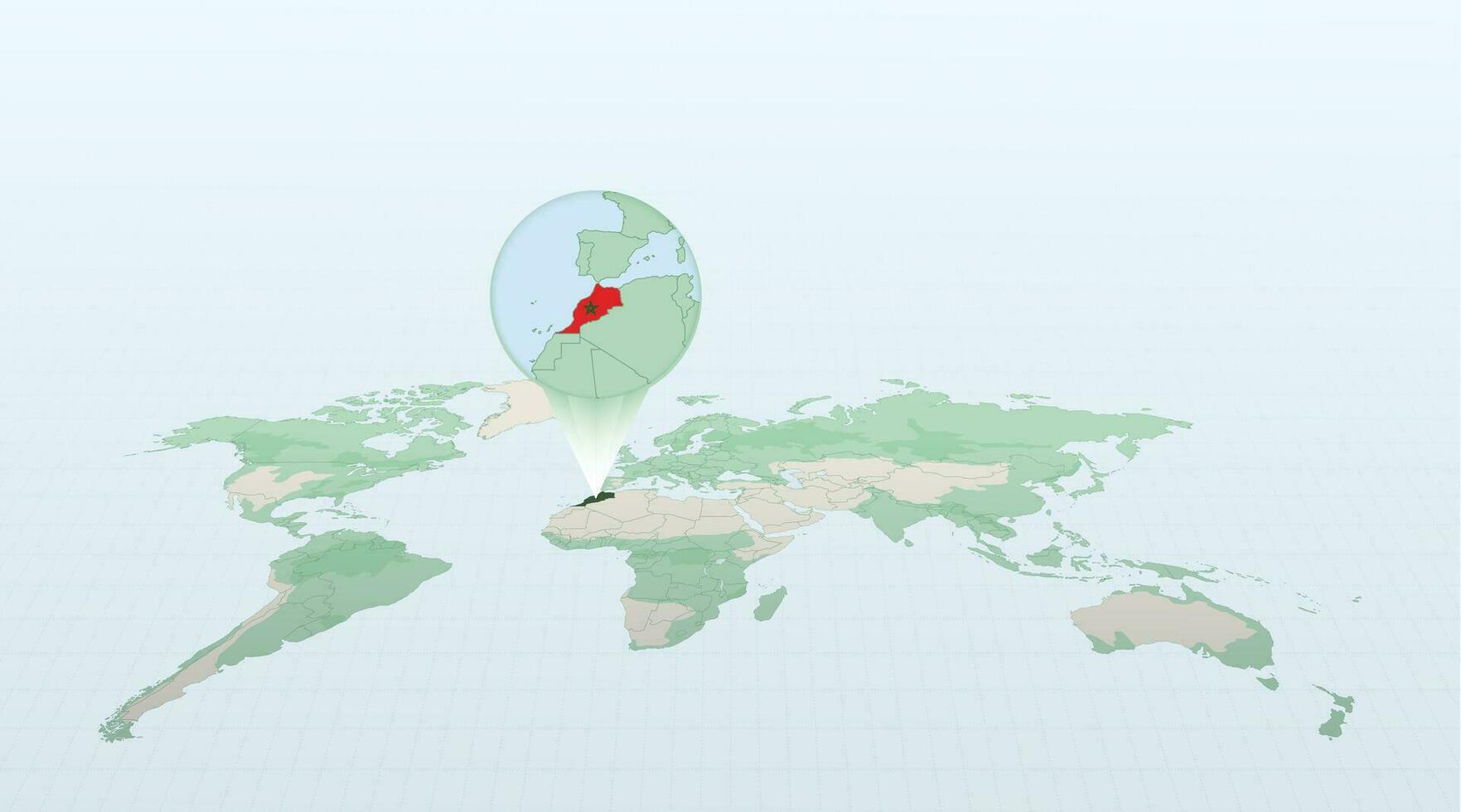 mundo mapa en perspectiva demostración el ubicación de el país Marruecos con detallado mapa con bandera de Marruecos. vector
