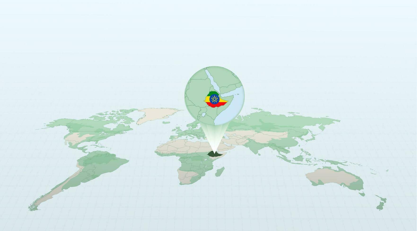 mundo mapa en perspectiva demostración el ubicación de el país Etiopía con detallado mapa con bandera de Etiopía. vector