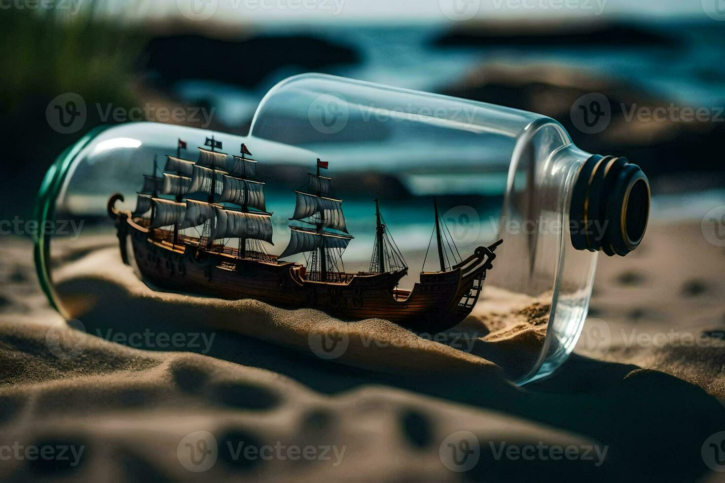 a ship in a bottle on the beach. AI-Generated photo