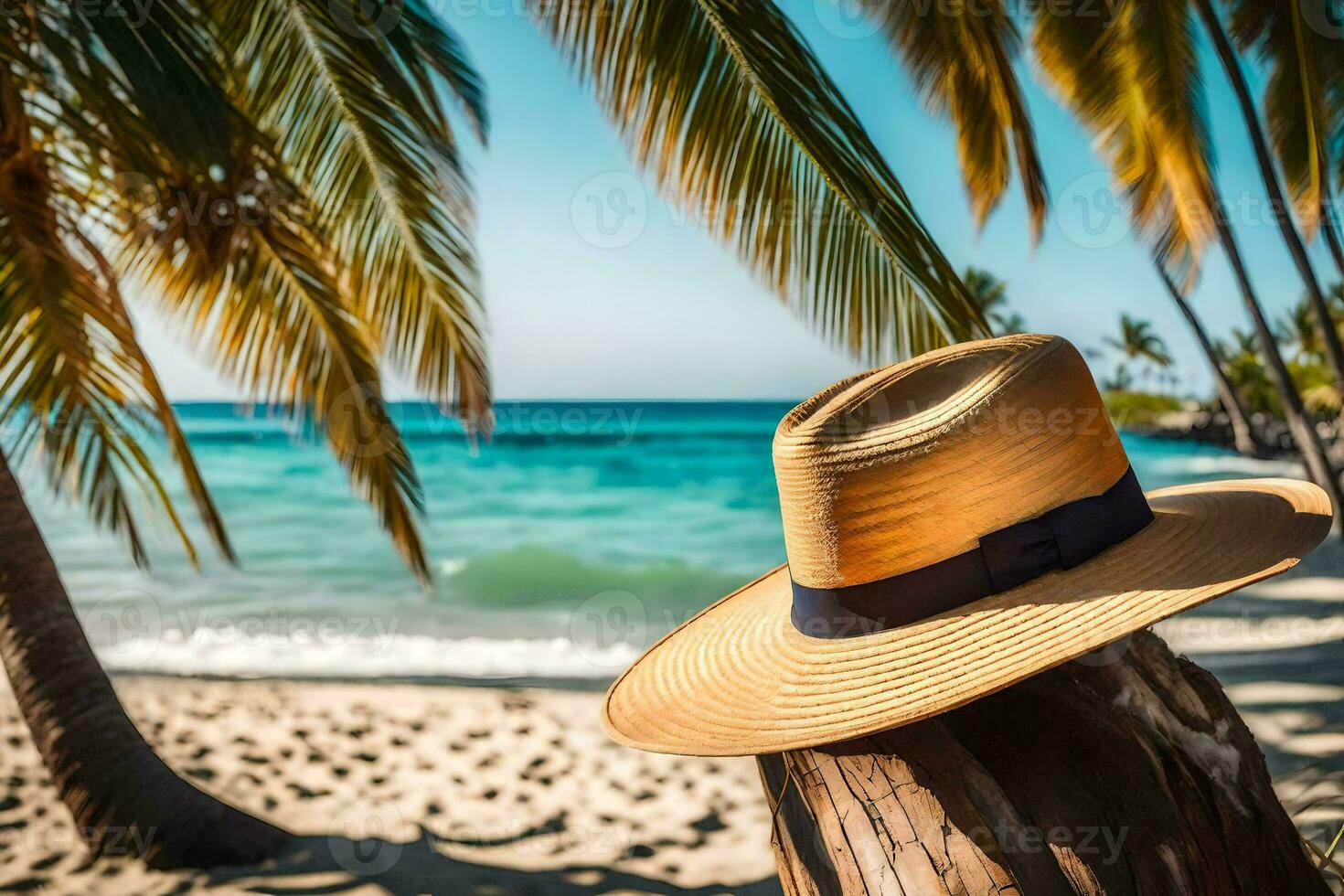 a hat on a palm tree on the beach. AI-Generated photo