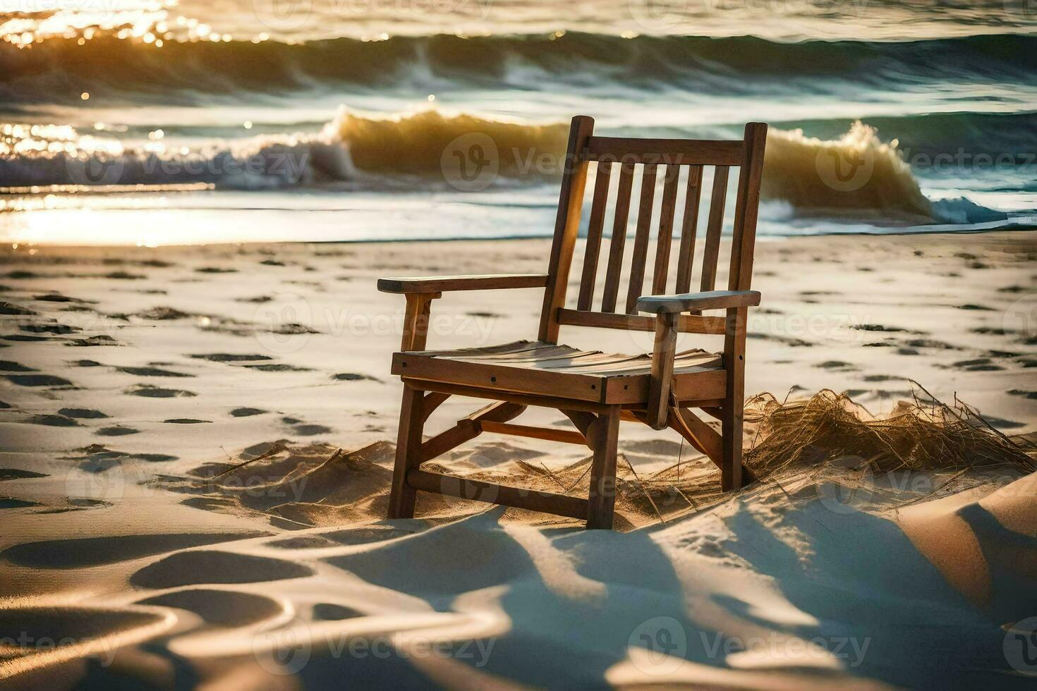 a wooden chair sits on the beach at sunset. AI-Generated photo