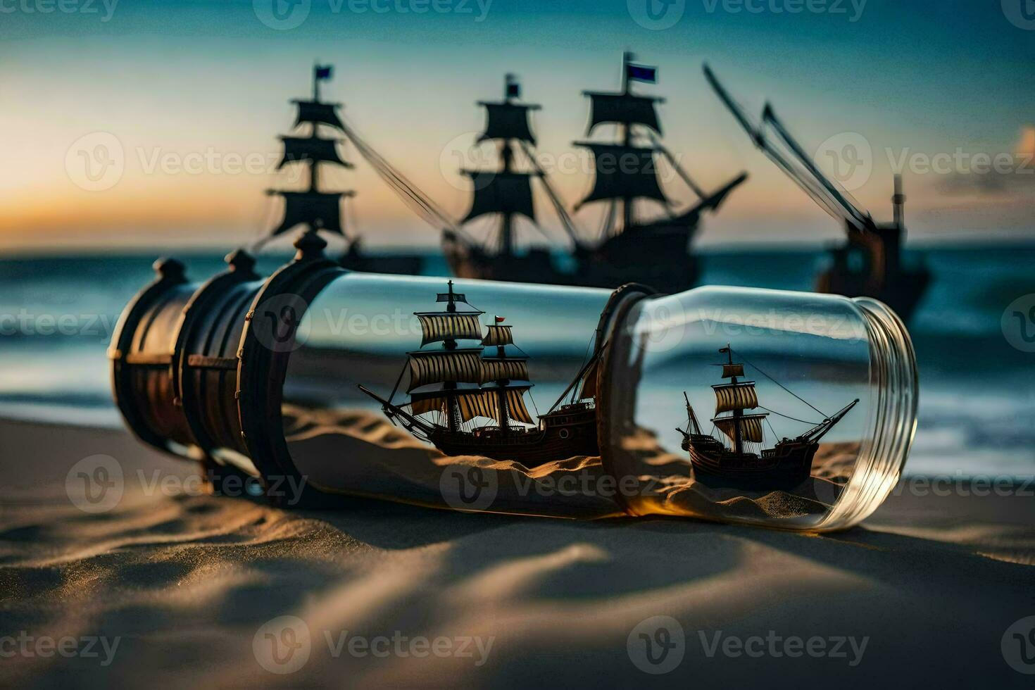 ship in a bottle on the beach. AI-Generated photo