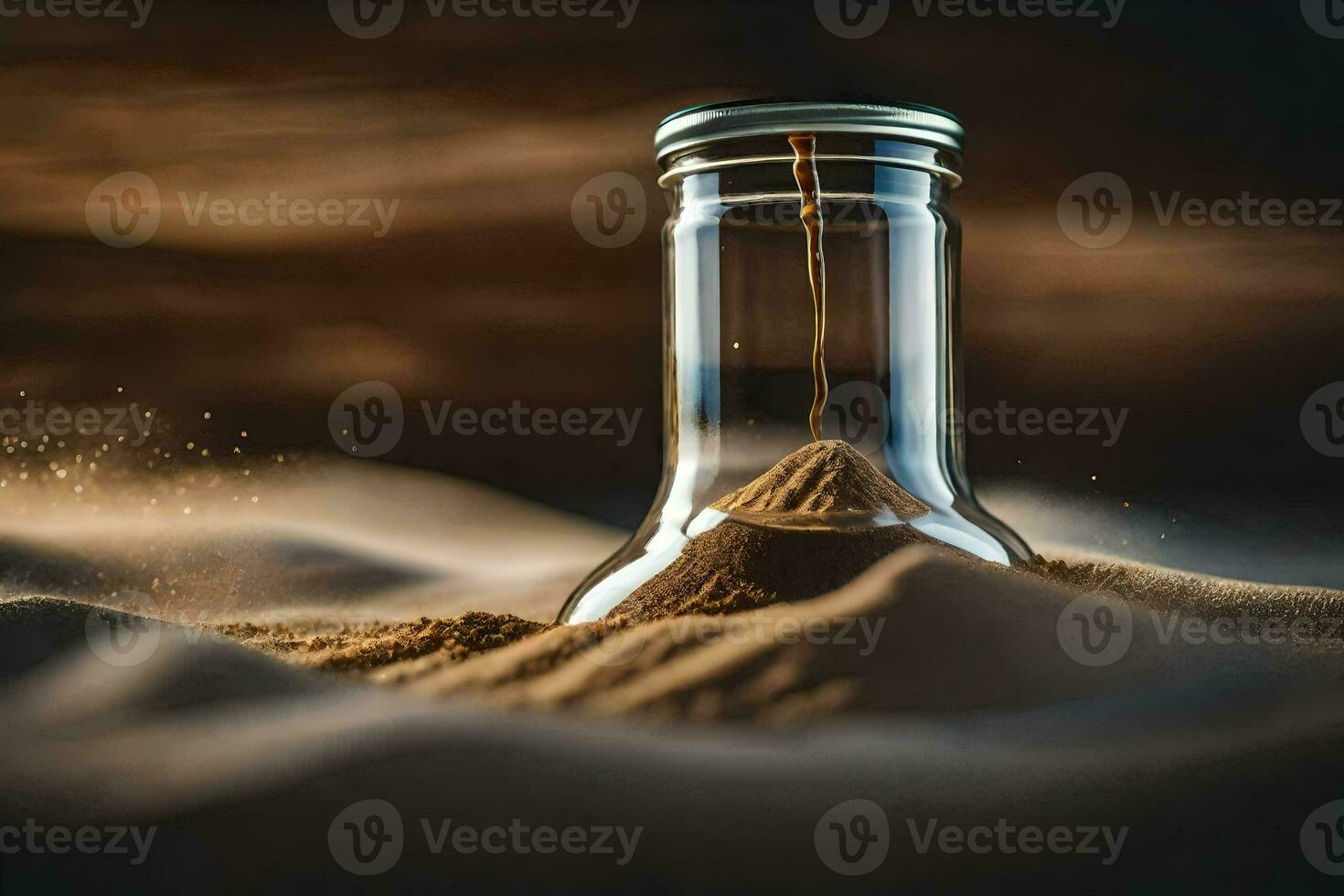 a bottle of sand is sitting on the sand. AI-Generated photo