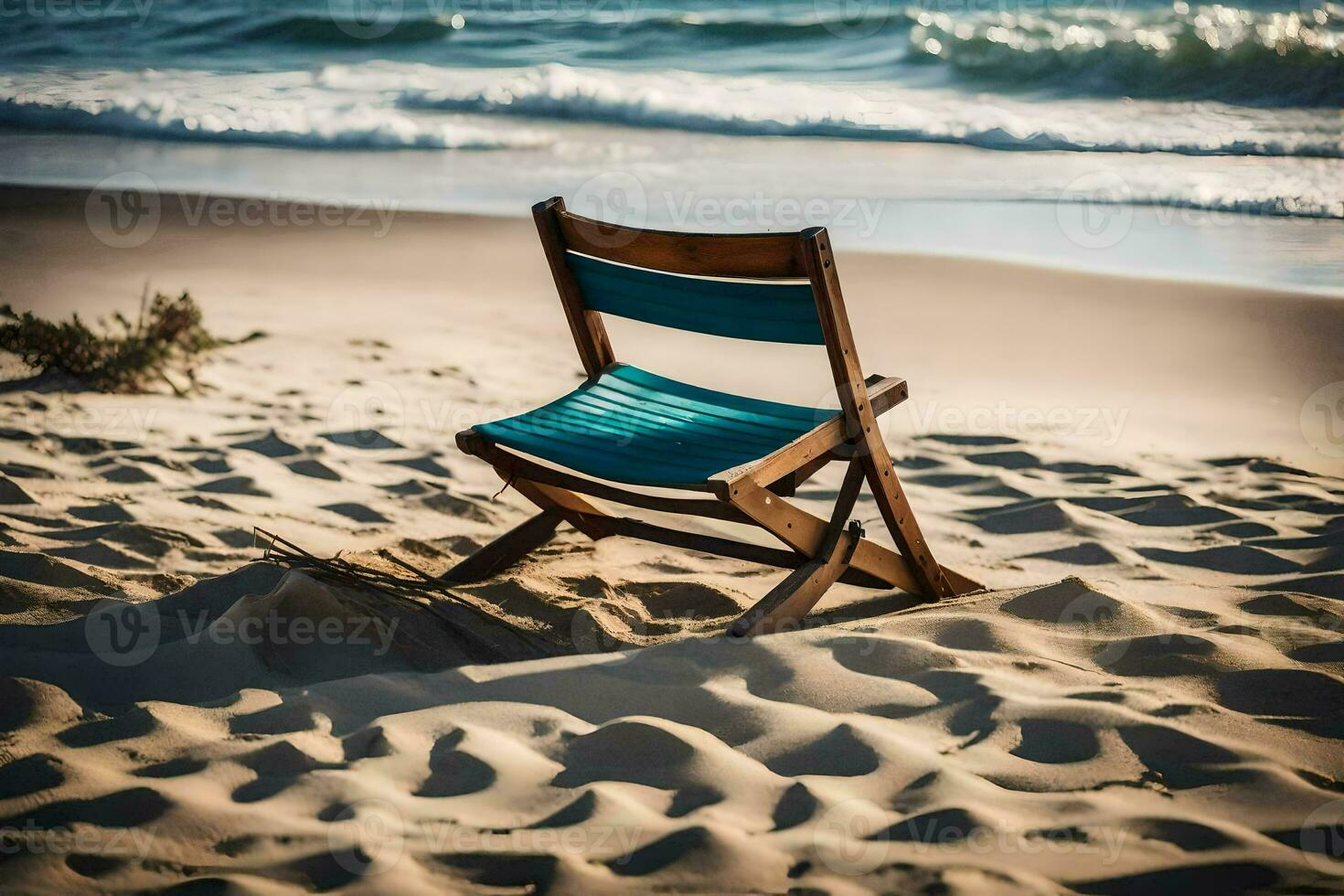 a wooden chair sits on the sand near the ocean. AI-Generated photo