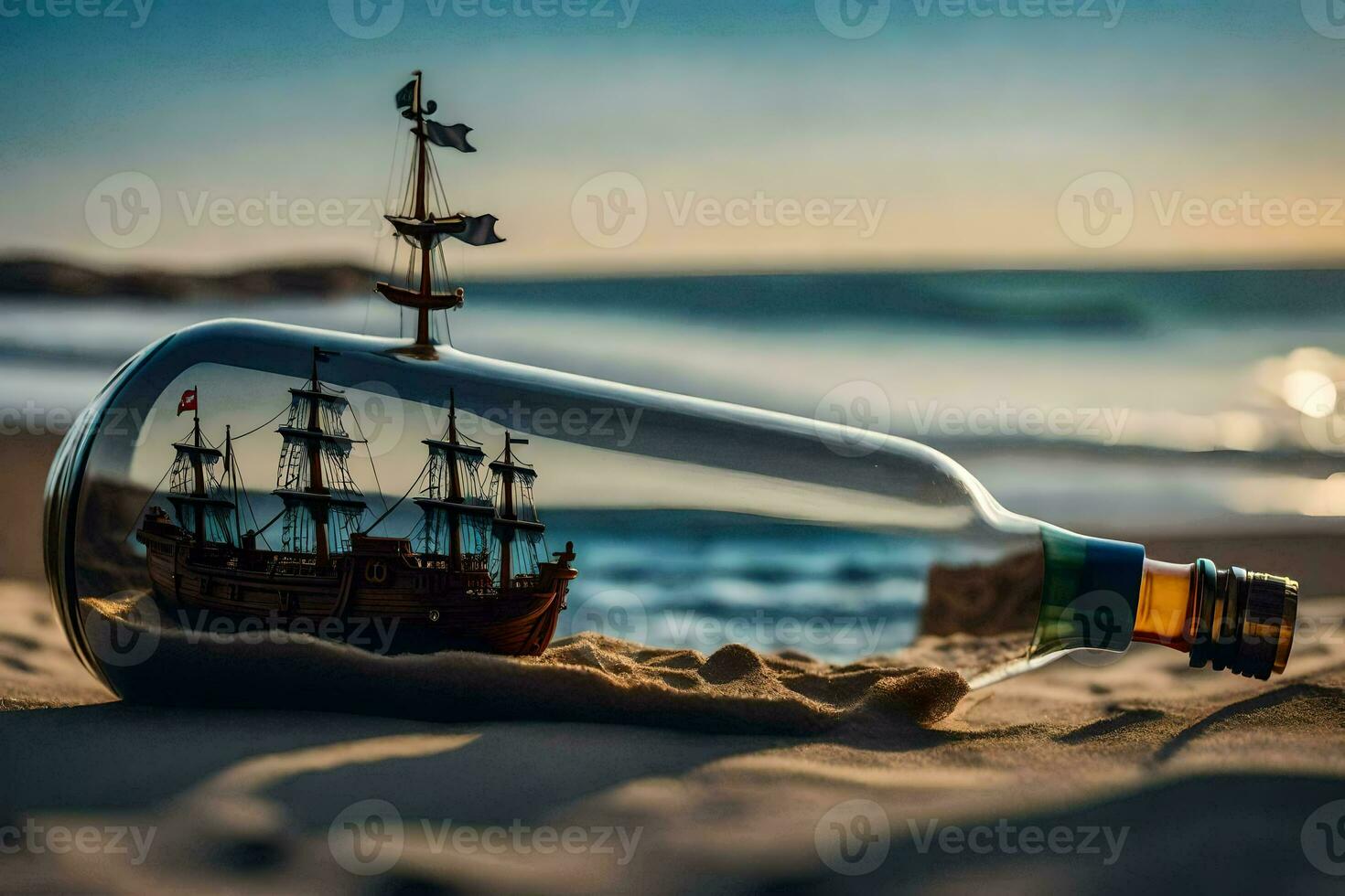 a ship in a bottle on the beach. AI-Generated photo