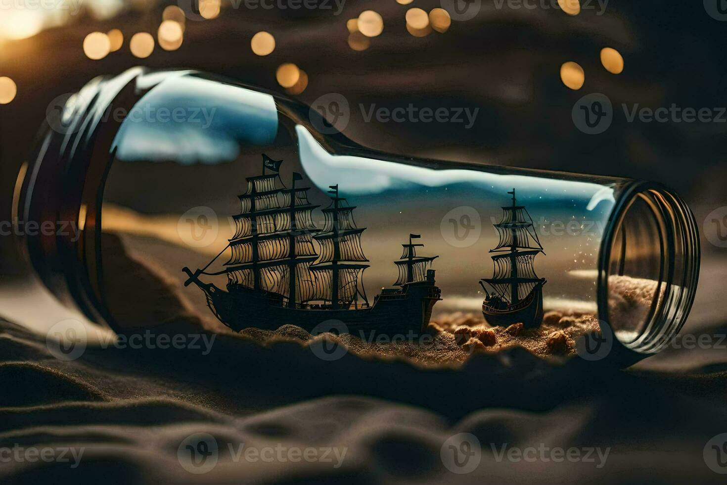 a bottle with a ship inside of it. AI-Generated photo