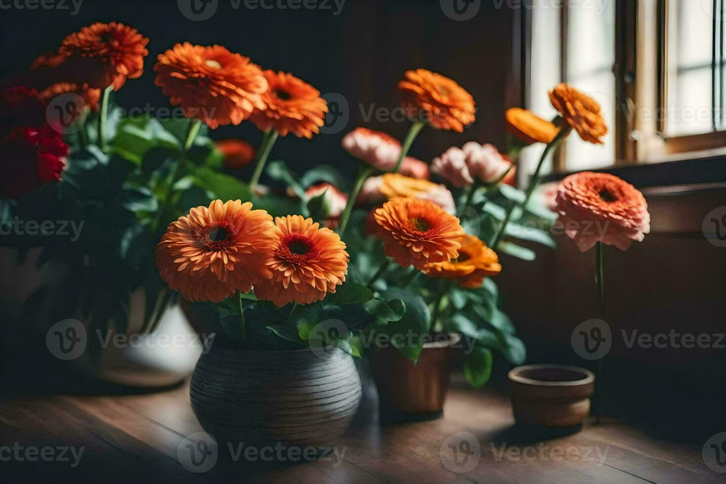 orange flowers in a vase on a wooden table. AI-Generated photo