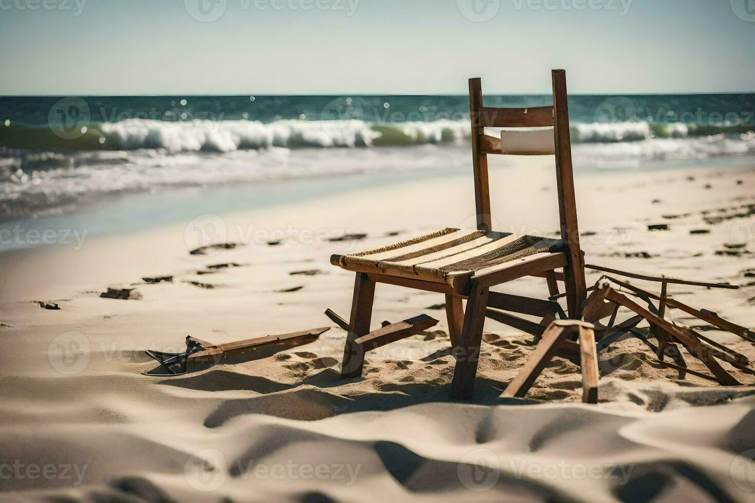 a chair on the beach with a broken chair. AI-Generated photo