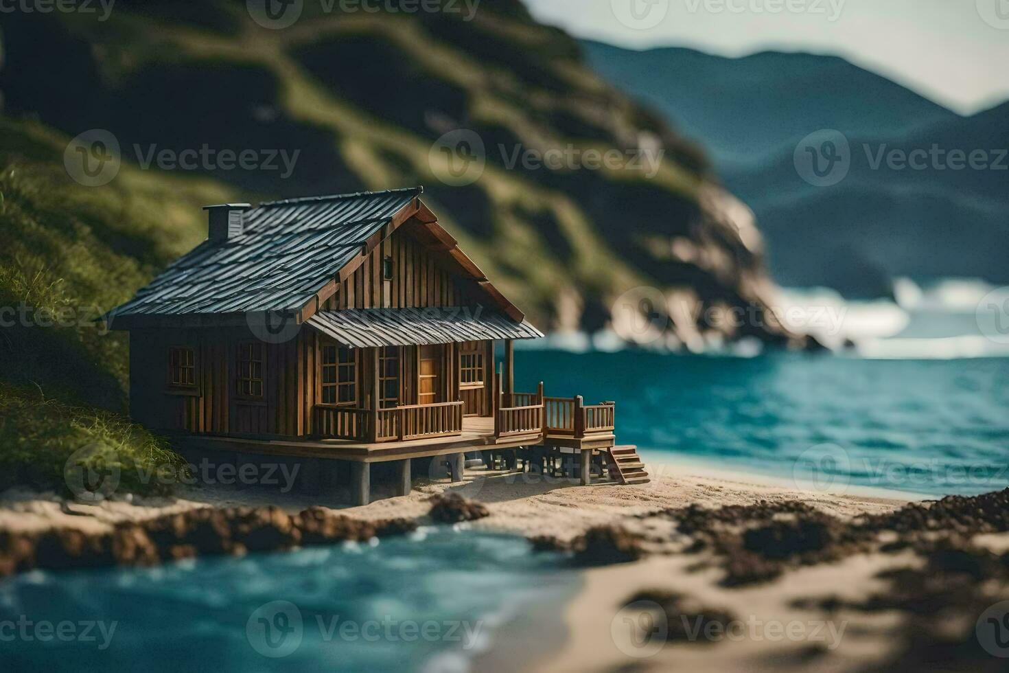 un miniatura casa en el playa por el océano. generado por ai foto