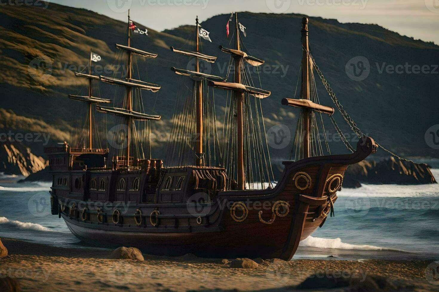a pirate ship is on the beach near the ocean. AI-Generated photo