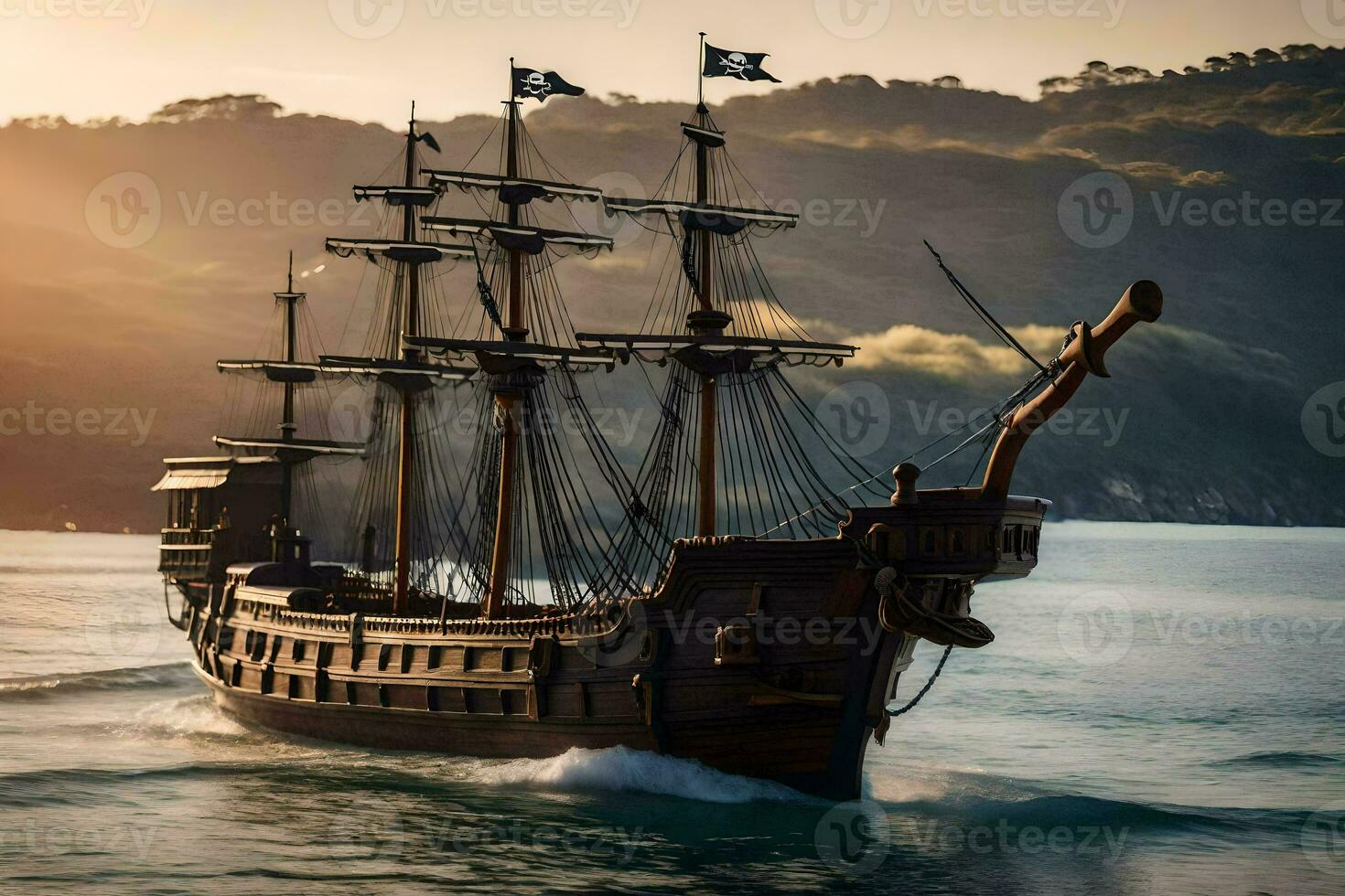 a pirate ship is sailing in the ocean. AI-Generated photo