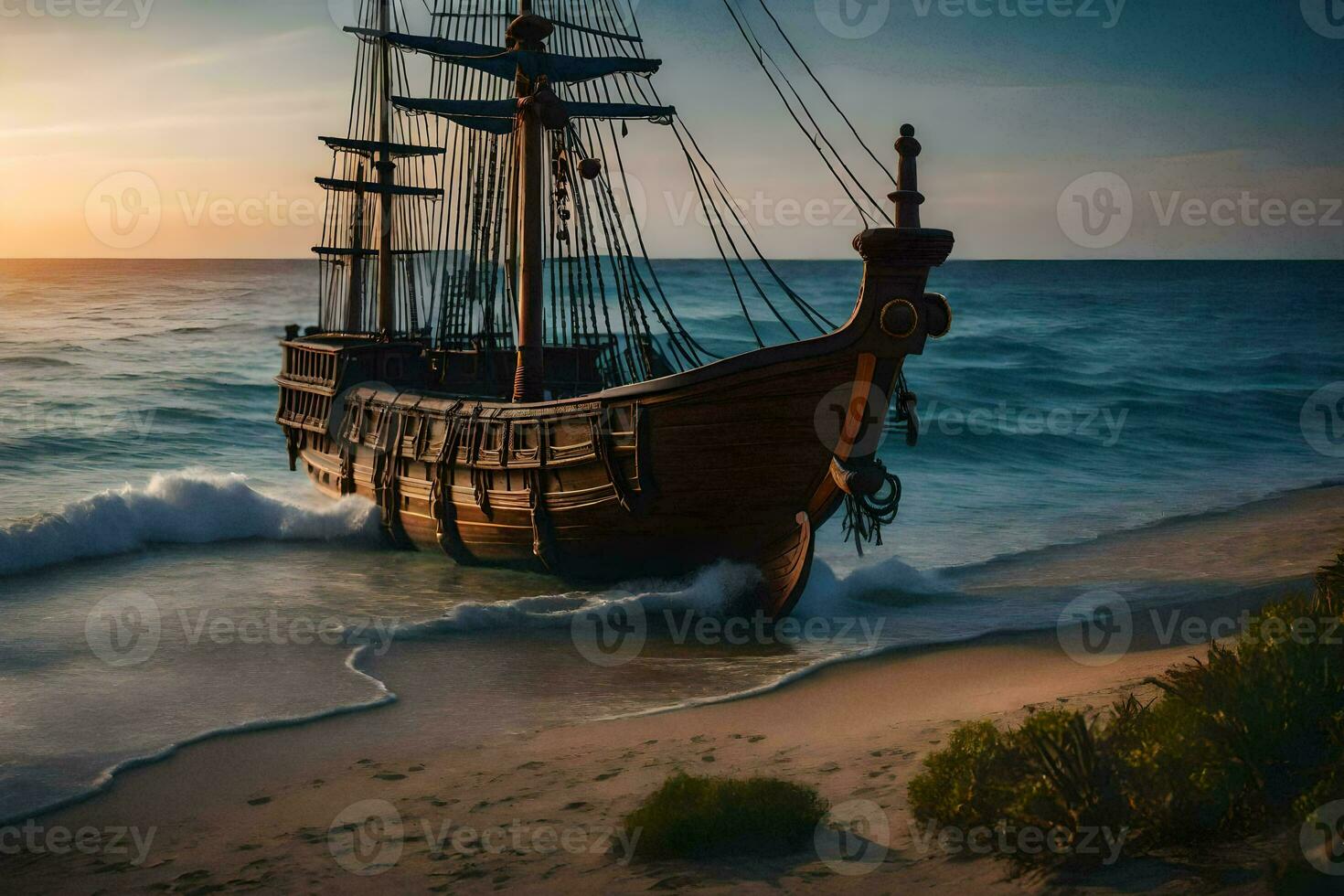 a pirate ship on the beach at sunset. AI-Generated photo