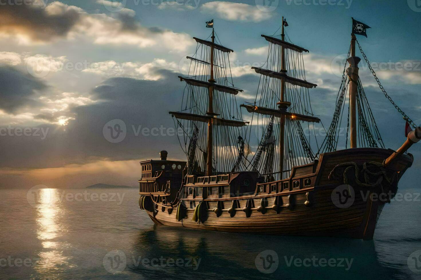 un pirata Embarcacion en el Oceano a puesta de sol. generado por ai foto