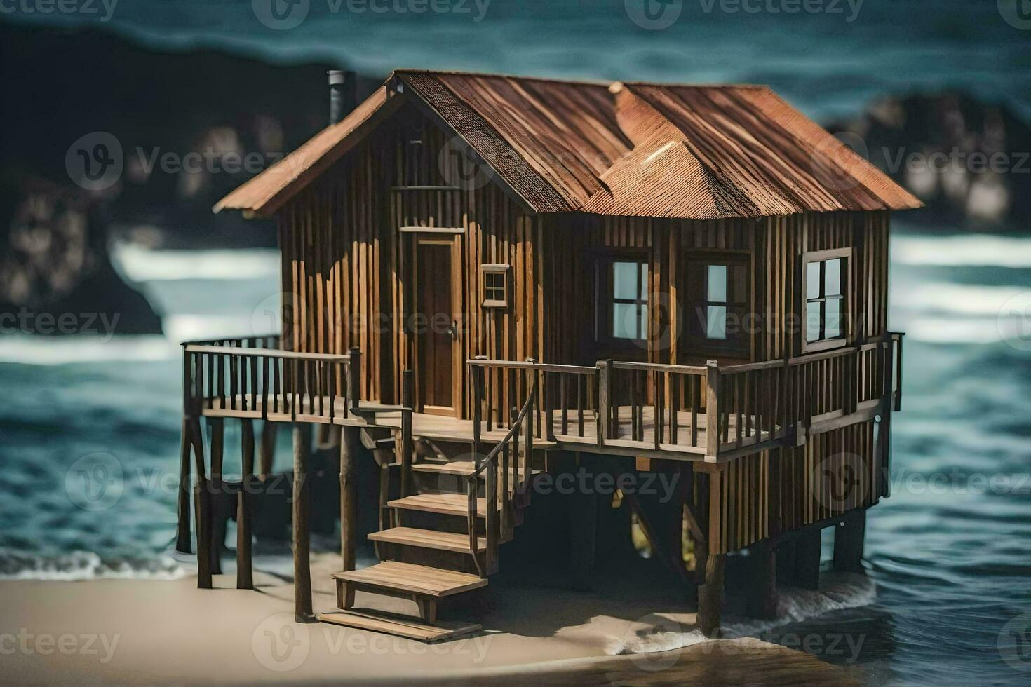 a small wooden house on the beach. AI-Generated photo