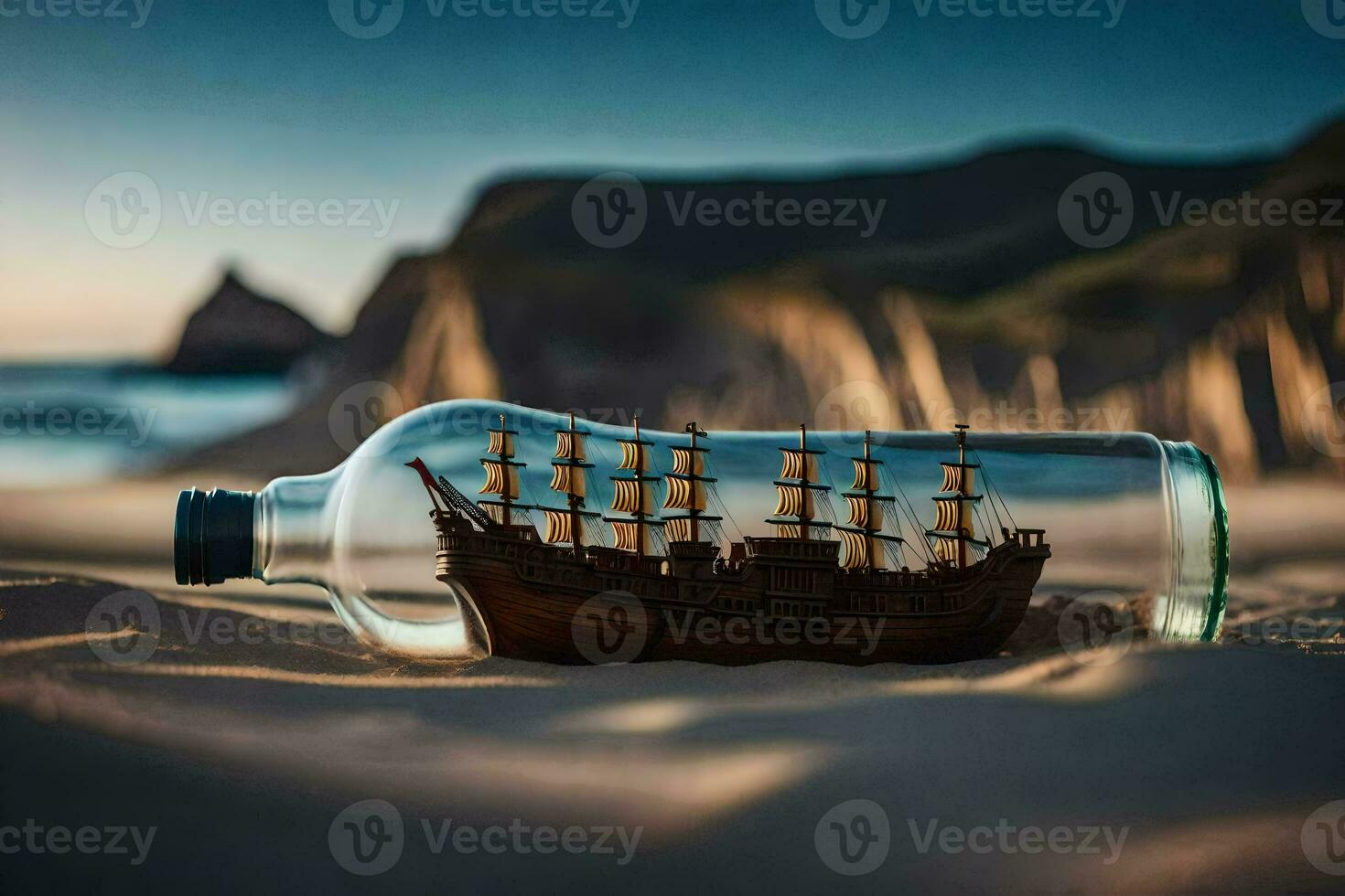 a ship in a bottle on the beach. AI-Generated photo