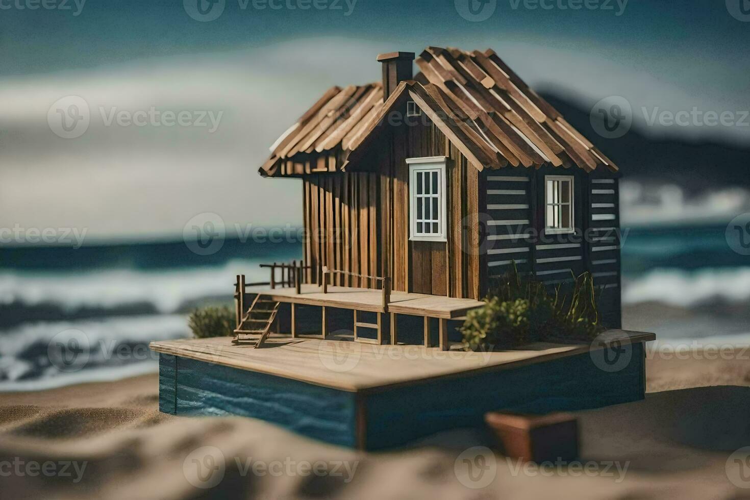 a miniature wooden house on the beach. AI-Generated photo