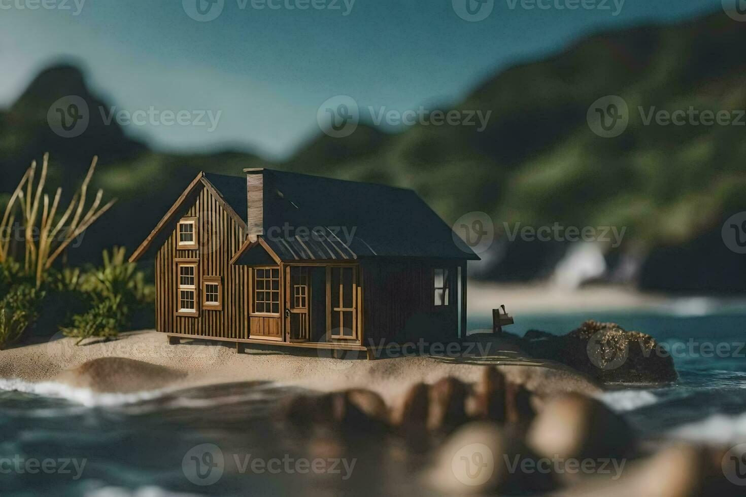 a miniature house on a small island in the ocean. AI-Generated photo