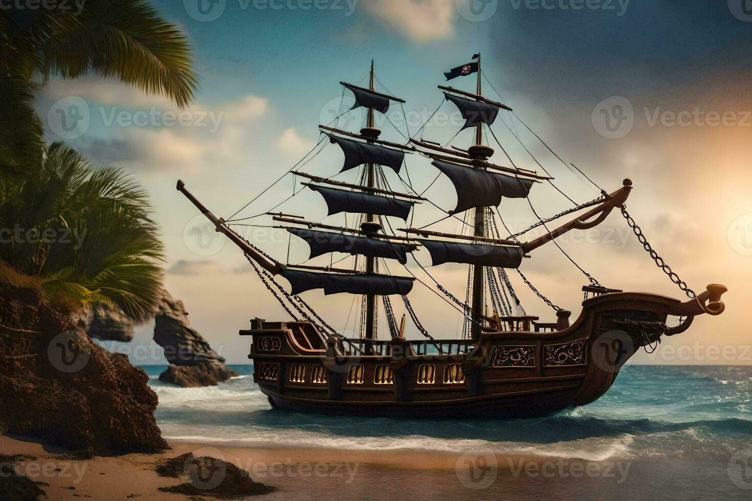 photo wallpaper sea, the sky, the ocean, the beach, the ship, the sunset,. AI-Generated