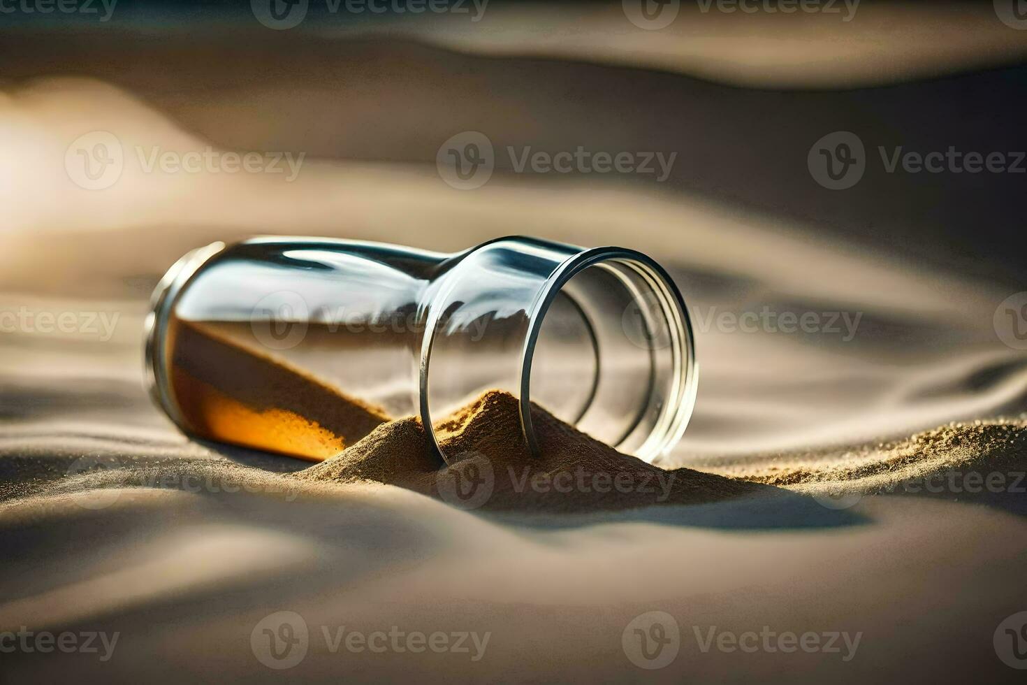 a glass jar with sand on the beach. AI-Generated photo