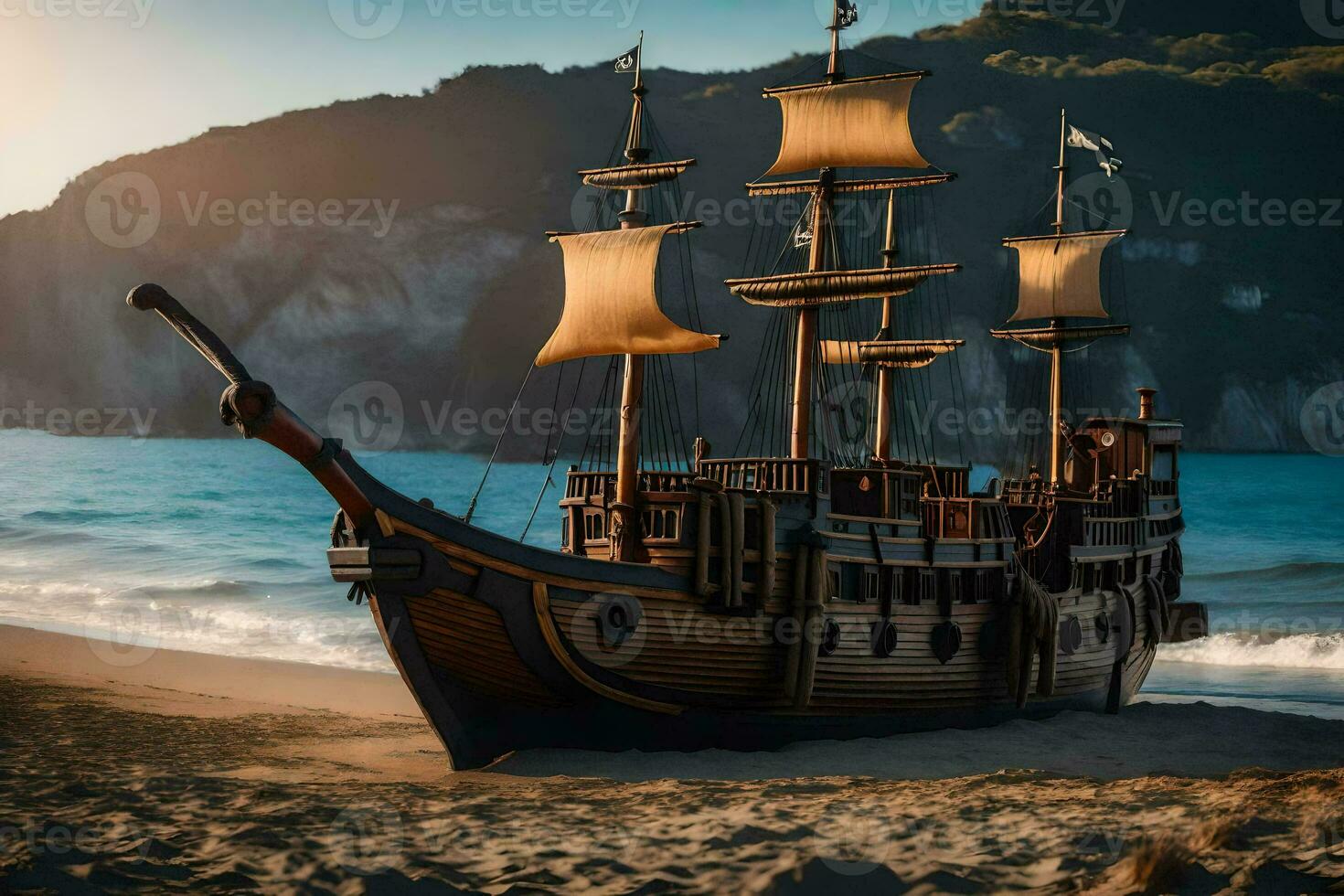a pirate ship on the beach at sunset. AI-Generated photo