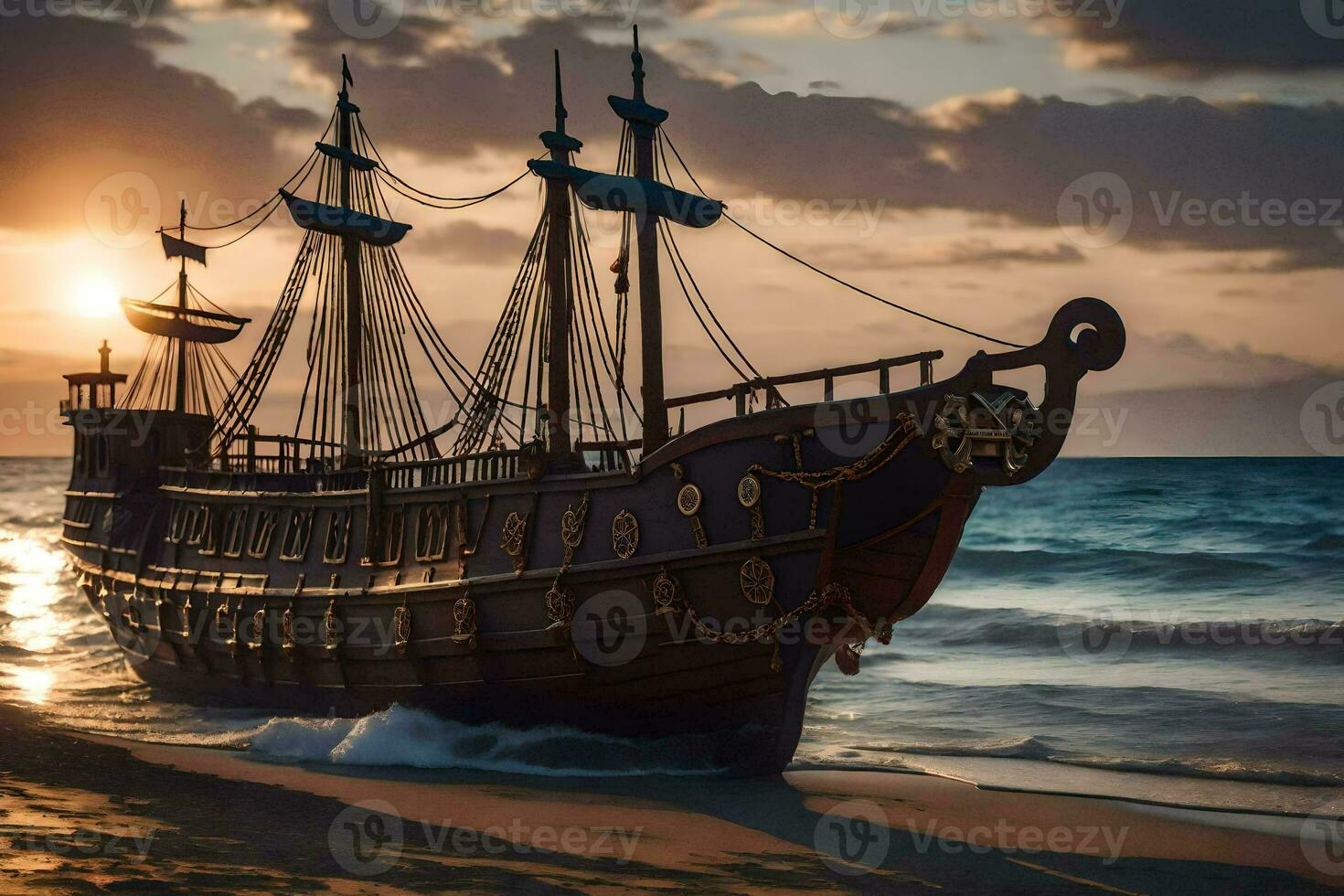 a pirate ship on the beach at sunset. AI-Generated photo